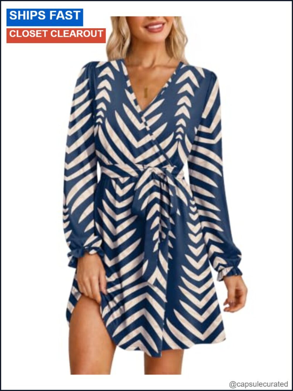 Womens Wrap V Neck Long Sleeve Belted A-Line Knee Length Dress